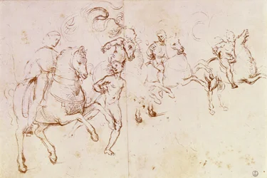 Study of four horsemen and a male nude for a 